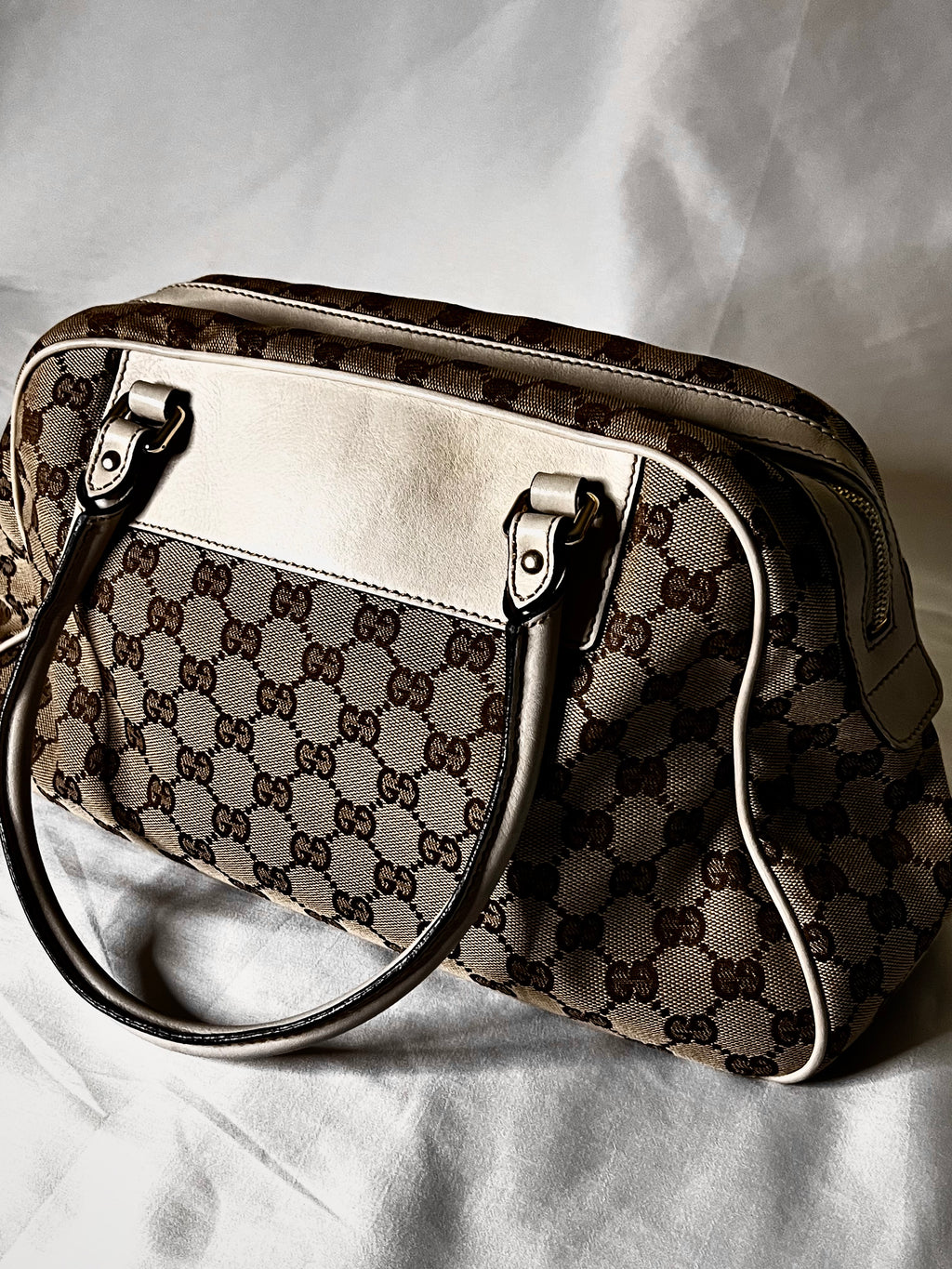 Gucci GG Canvas Handbag With White Leather Trim