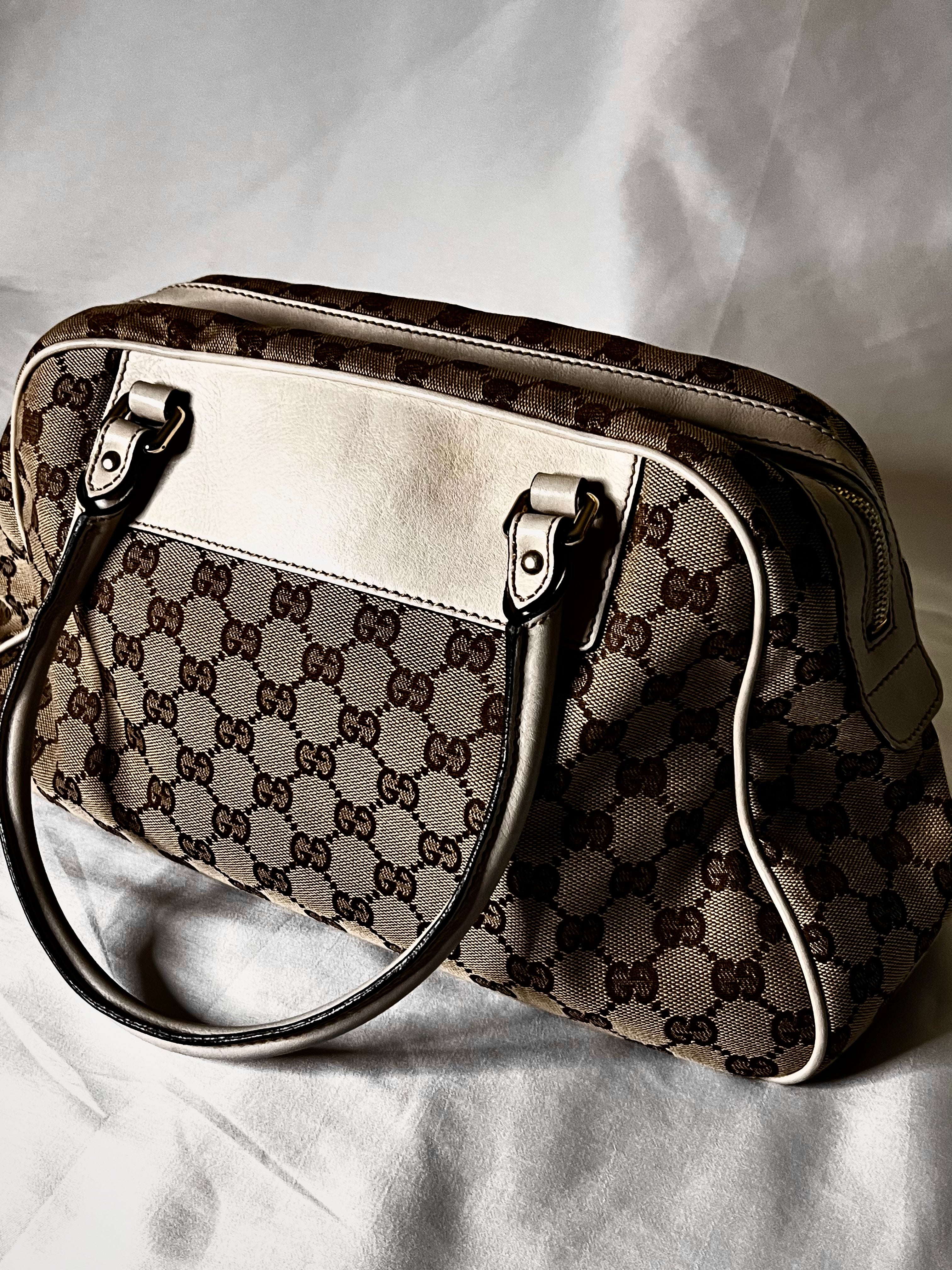 Gucci GG Canvas Handbag With White Leather Trim