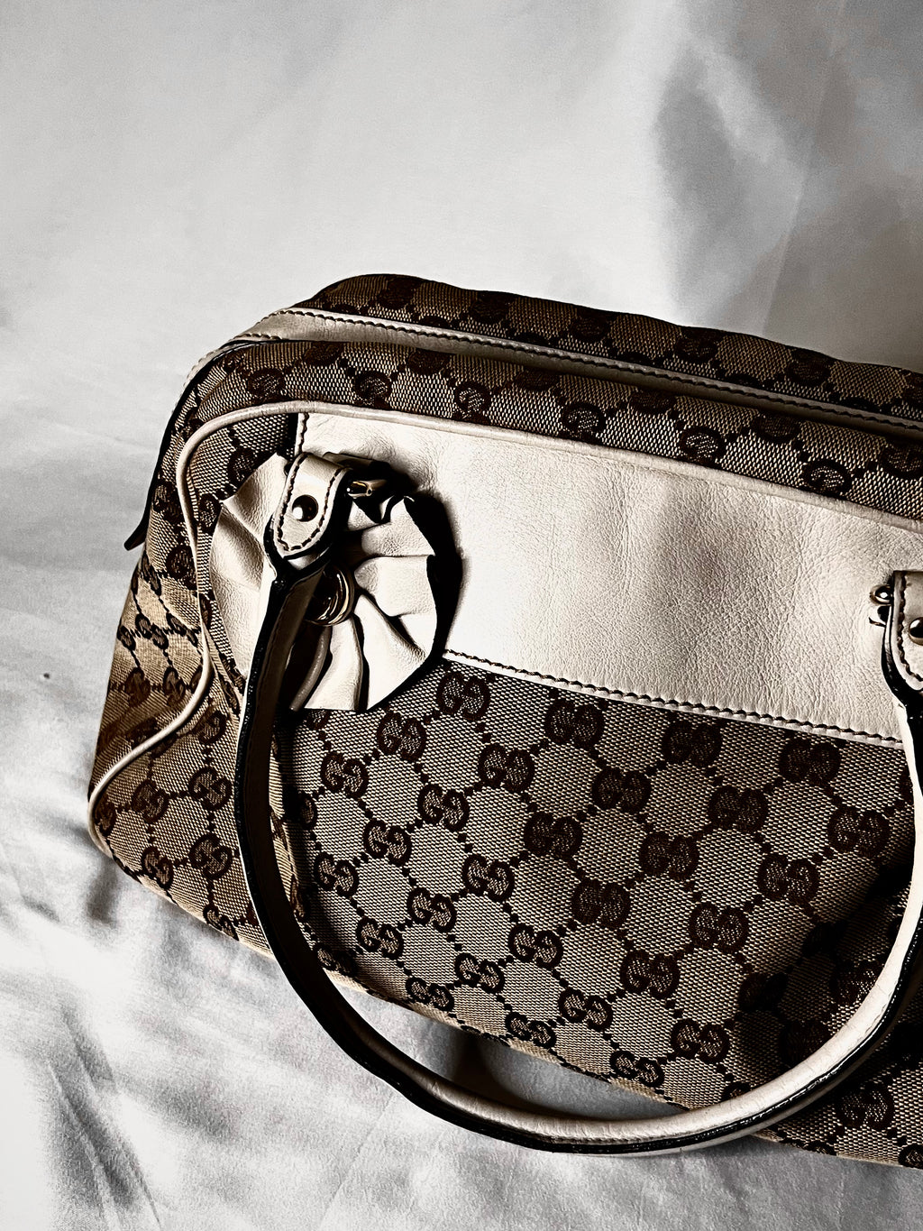 Gucci GG Canvas Handbag With White Leather Trim