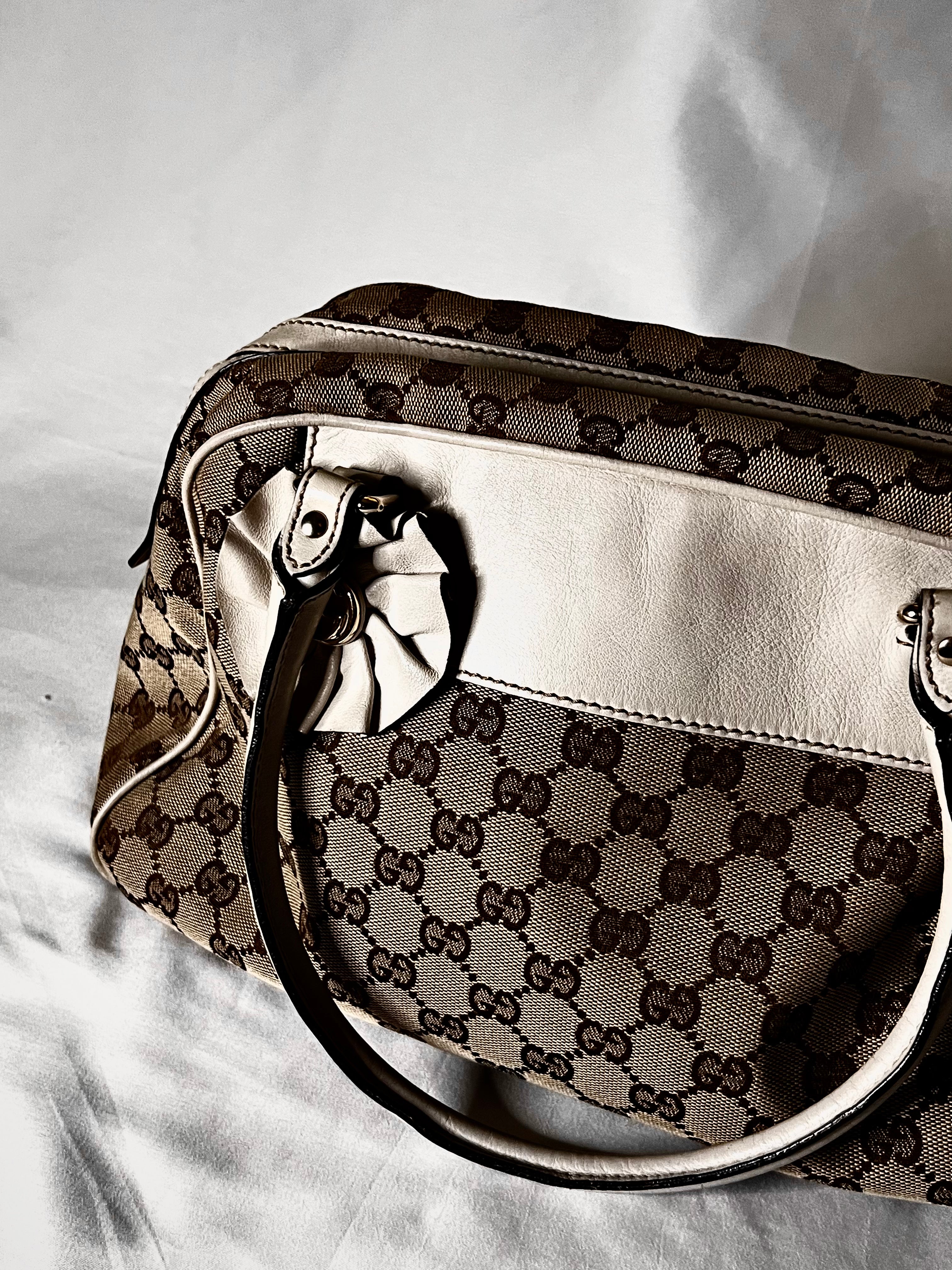 Gucci GG Canvas Handbag With White Leather Trim