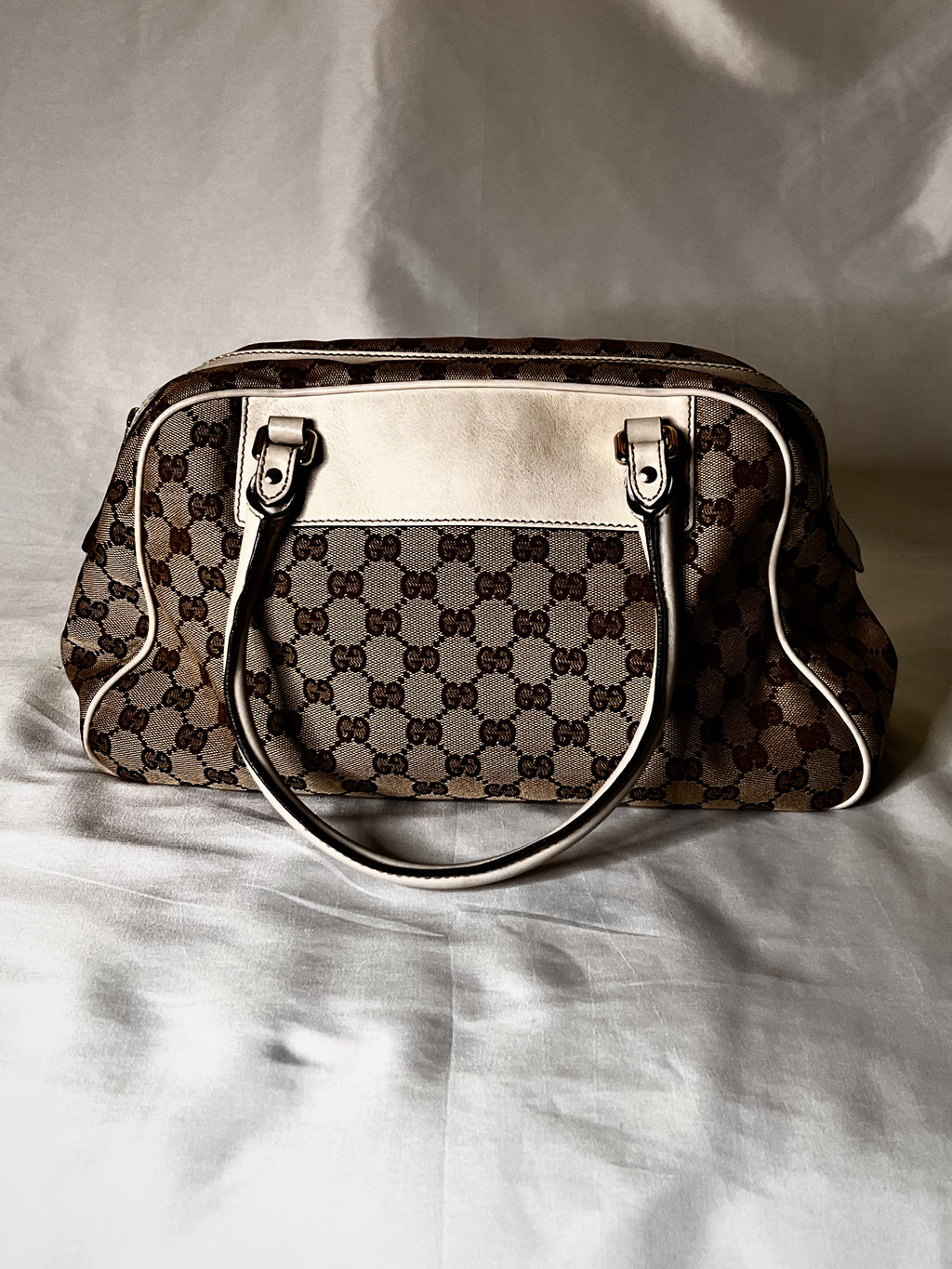 Gucci GG Canvas Handbag With White Leather Trim