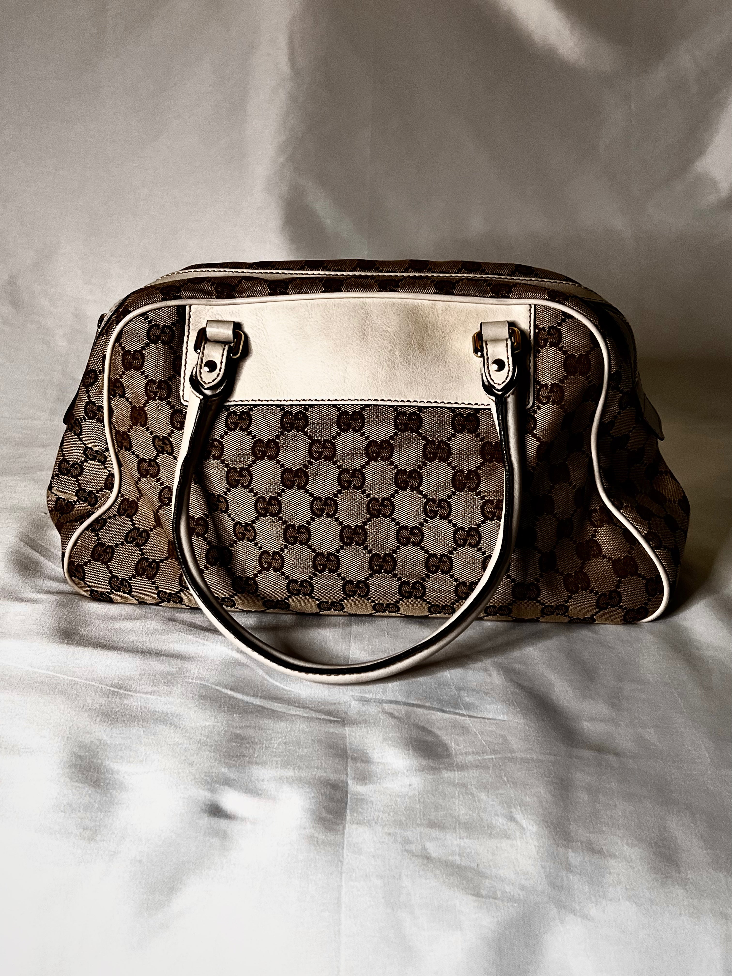Gucci GG Canvas Handbag With White Leather Trim